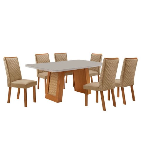 Mesa de Jantar Carolina 180cm Tampo MDF e Vidro Canto Copo com 6 Cadeiras Lira