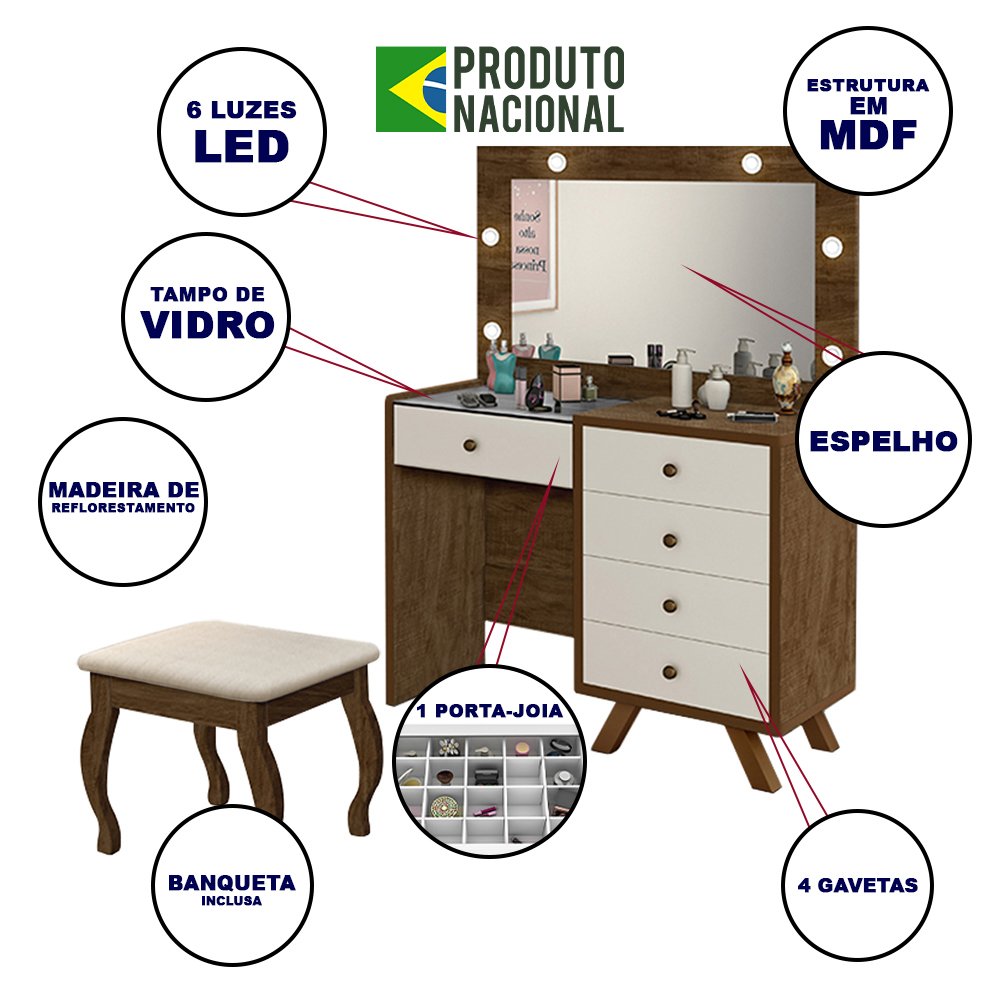 Penteadeira Camarim com Espelho Banqueta Almofadada e Luzes Led Luna Malbec Off White - 2