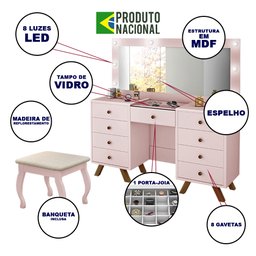 Penteadeira Camarim com Espelho Banqueta Almofadada e Luzes Led Mila Rose - 2