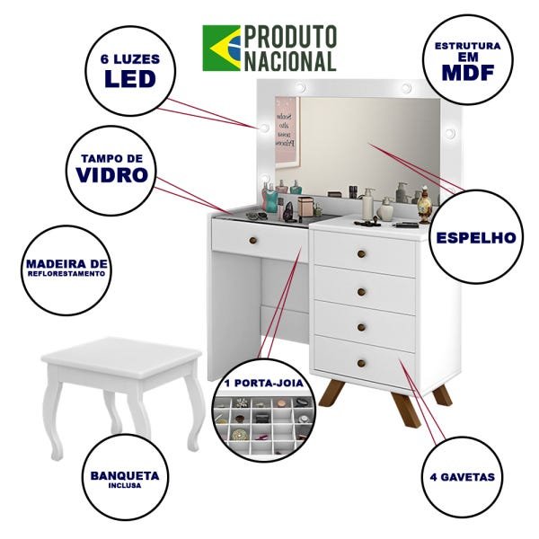 Penteadeira Camarim com Banqueta Espelho e Luzes Led Luna Branco - 2