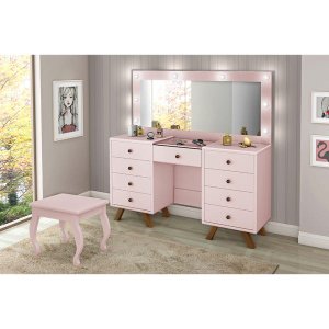 Penteadeira Camarim com Banqueta Espelho e Luzes Led Mila Rose