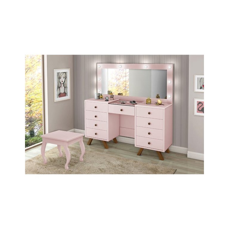 Penteadeira Camarim com Banqueta Espelho e Luzes Led Mila Rose