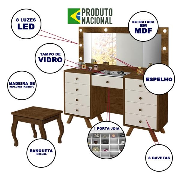 Penteadeira Camarim com Banqueta Espelho e Luzes Led Mila Malbec Off White - 2