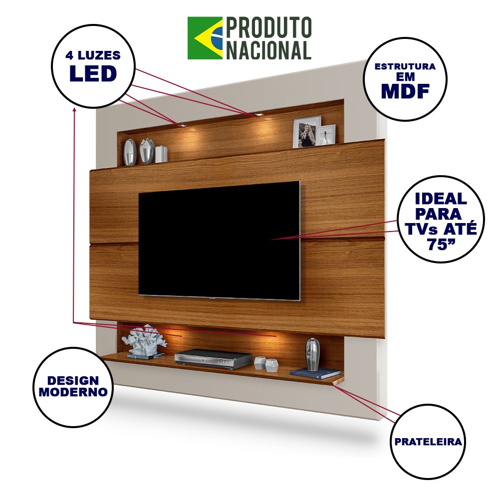 Painel TV 75 Polegadas com Luzes LED Milão New Carvalho Off White - 2