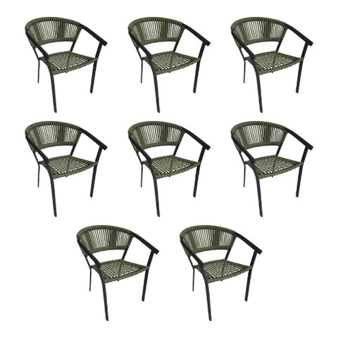 Kit 8 Cadeiras de Jantar Corda Náutica Verde Musgo Base Aluminio Preto Sofia Linha Plus