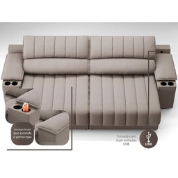 Sofá com Porta Copos e Carregador USB Retrátil e Reclinável Murano 2,00m Velosuede Bege - - 2