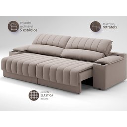 Sofá com Porta Copos e Carregador USB Retrátil e Reclinável Murano 2,00m Velosuede Bege - - 5