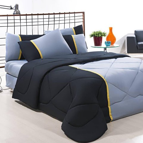 Enxoval Edredom + Jogo de Cama King Aconchego Premium 06 Peças - Preto- Cinza