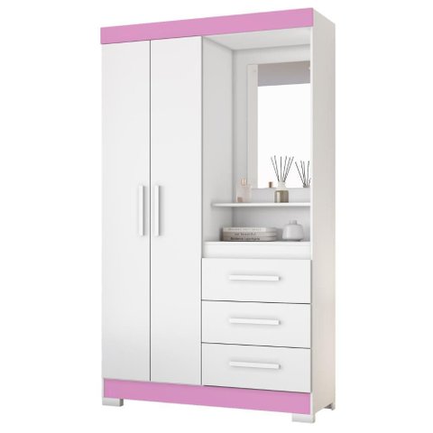 Guarda-Roupa Nt 6020 187cm 2 Portas 3 Gavetas com Espelho Branco/Rosa - Notável Móveis