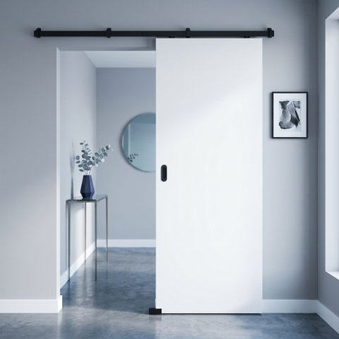 Porta Drywall Branca 80x210 + Kit Correr Preto de Sobrepor