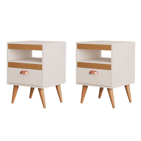 Kit 2 Mesa Cabeceira Sal Organizadora para Quarto Estilo Retrô com Gaveta - Off/Naturale