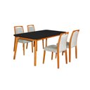 Ver imagem 1 de Mesa Jantar Luxo Jade 160x90cm Preto com 4 Cadeiras Estofadas Linho Cinza Base Madeira Maciça Mel