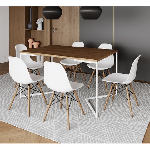 Mesa Jantar Industrial Retangular Amêndoa 137x90cm Base V Ferro Branco com 6 Cadeiras Branca Eames M