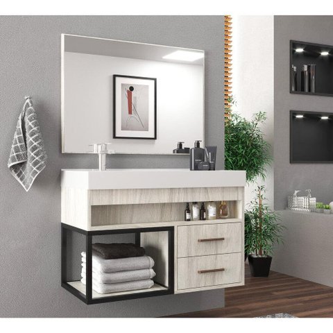 Gabinete Banheiro com Cuba e Espelheira 80cm Multimóveis VCR10071 Carvalho