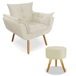Kit Poltrona Opala com Puff Veneza Decoração Quarto Amamentação Escritório Clínica Recepção Suede Bege