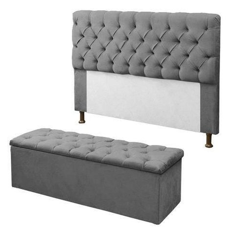 Kit Cabeceira Sofia Box Casal 140 Cm + Recamier Baú Sapateira Retangular Suede Cinza Escuro