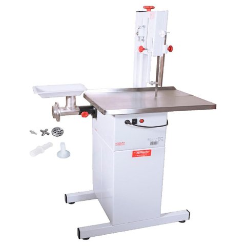 Serra Fita Mesa Móvel com Gabinete Bigolar 1,87m Inox com Moedor Boca 9 e Extrusor 1/2CV Bivolt