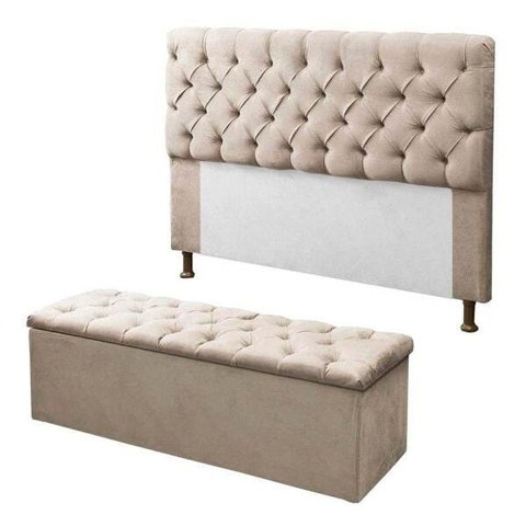 Kit Cabeceira Sofia Box Casal 140cm + Recamier Baú Sapateira Retangular Suede Bege