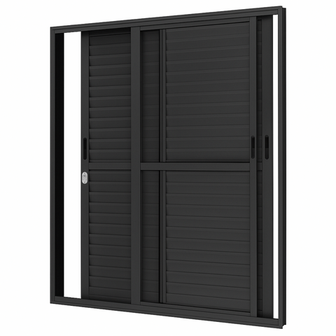 Porta Balcão de Aluminio Preto 3 Folhas Móveis Linha 25 com Fechadura 2,10x1,50