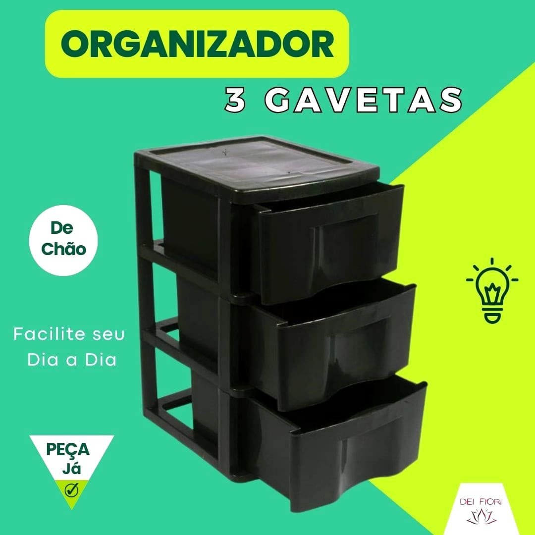 Gaveteiro de Chão Preto 3 Gavetas Organizador Multiuso Casa Escritorio Espaçoso Resistente Duravel C - 9