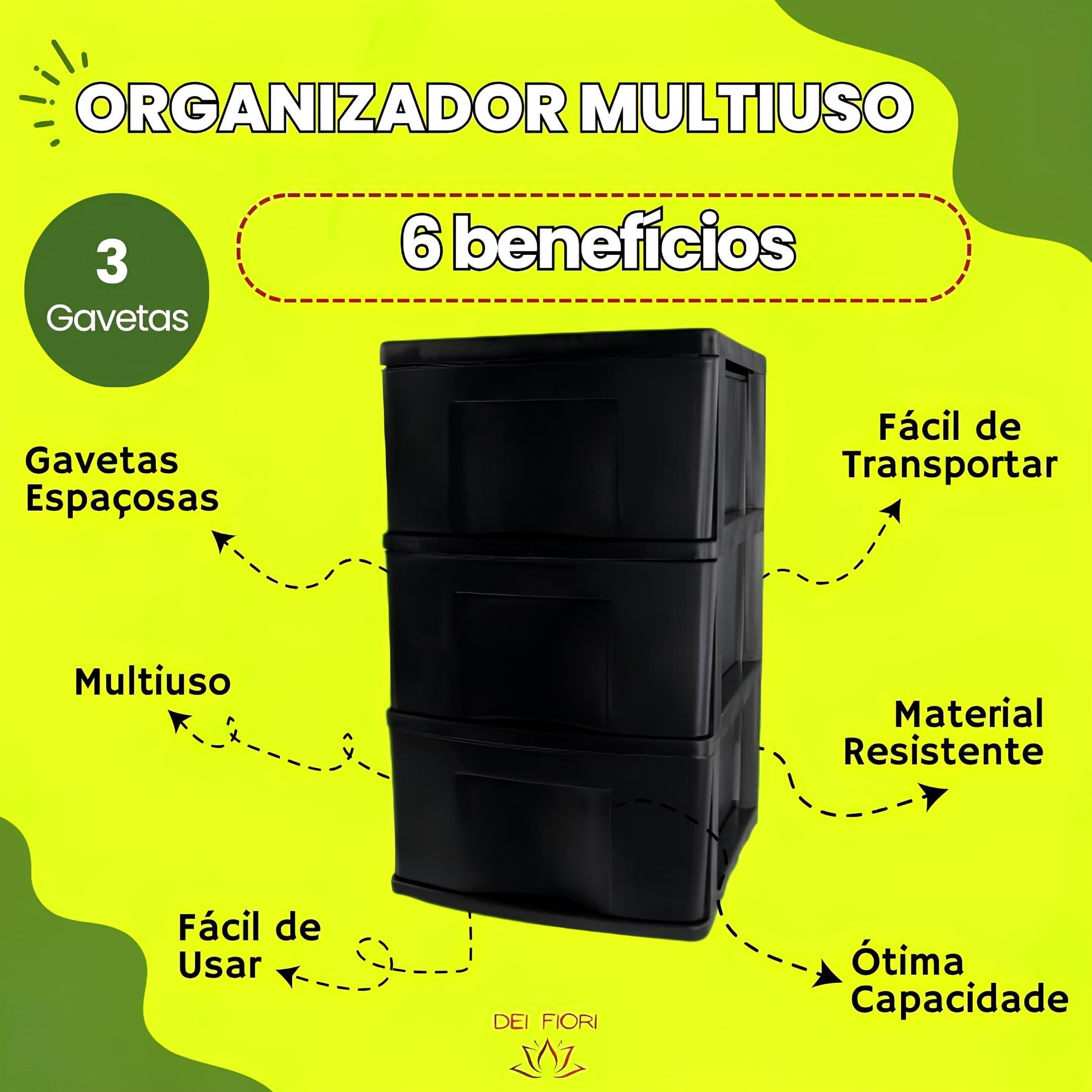 Gaveteiro de Chão Preto 3 Gavetas Organizador Multiuso Casa Escritorio Espaçoso Resistente Duravel C - 3