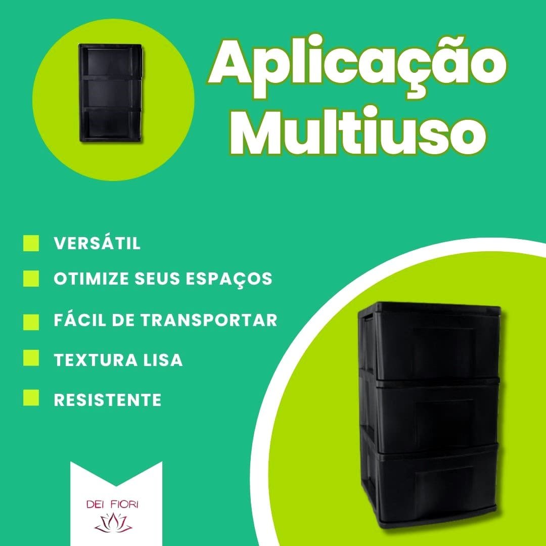 Gaveteiro de Chão Preto 3 Gavetas Organizador Multiuso Casa Escritorio Espaçoso Resistente Duravel C - 7