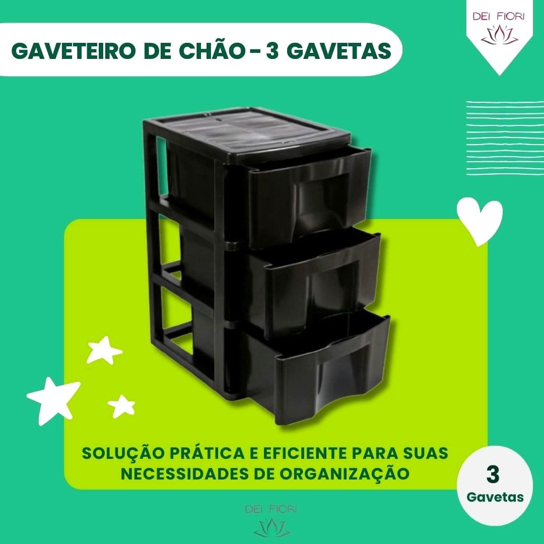 Gaveteiro de Chão Preto 3 Gavetas Organizador Multiuso Casa Escritorio Espaçoso Resistente Duravel C - 8