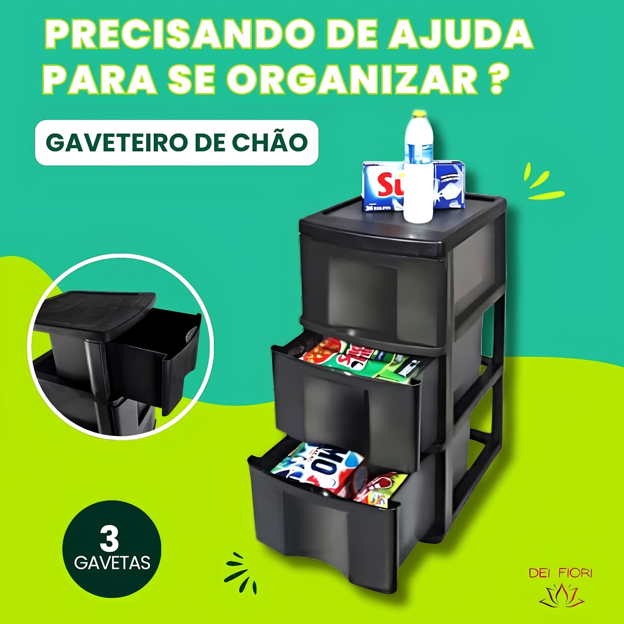 Gaveteiro de Chão Preto 3 Gavetas Organizador Multiuso Casa Escritorio Espaçoso Resistente Duravel C - 6