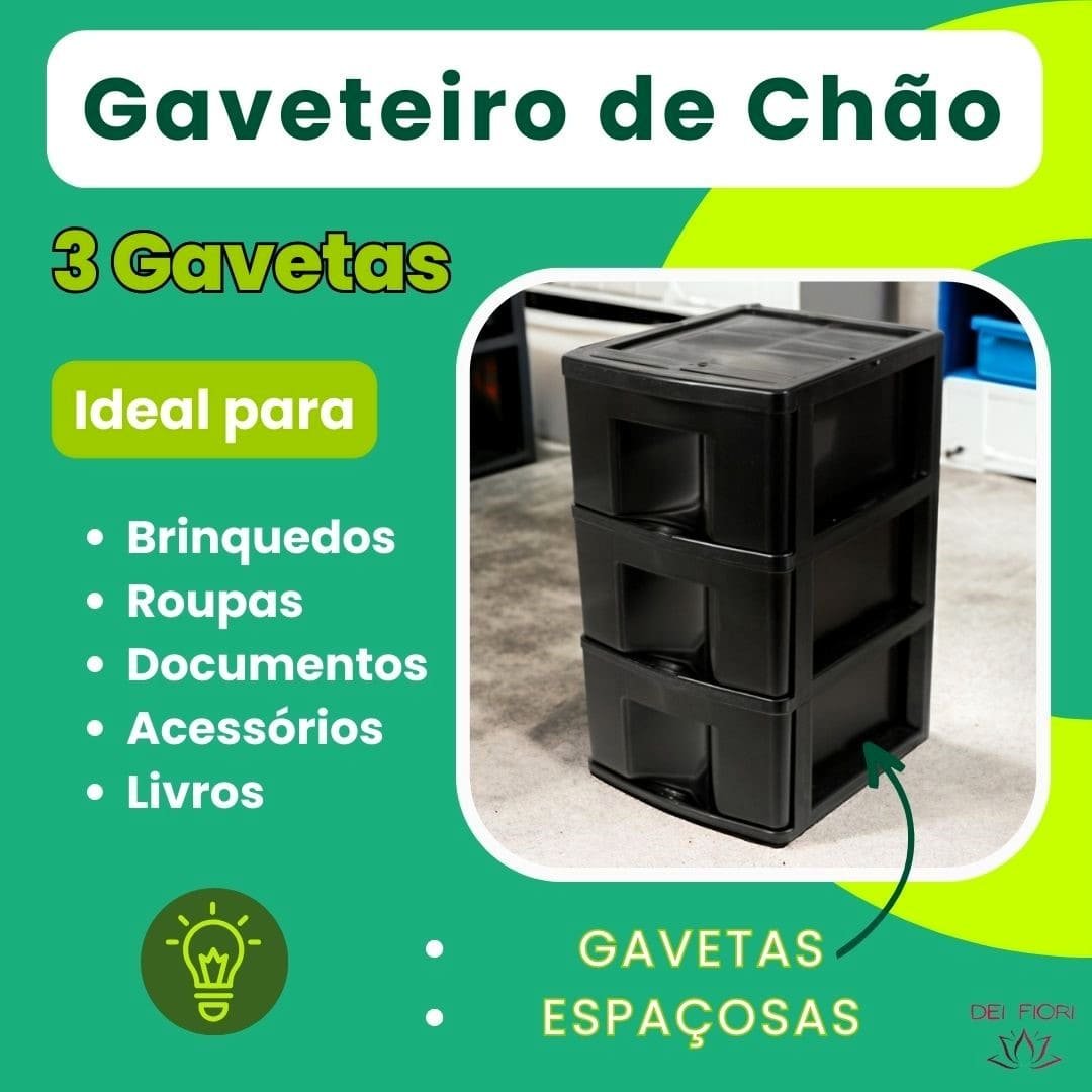 Gaveteiro de Chão Preto 3 Gavetas Organizador Multiuso Casa Escritorio Espaçoso Resistente Duravel C - 2