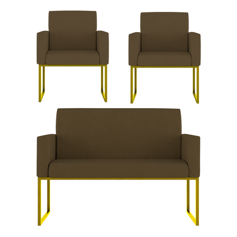 Kit Sofá 2 Lugares + 2 Poltronas Recepção Sala Base Dourada Cor:marrom