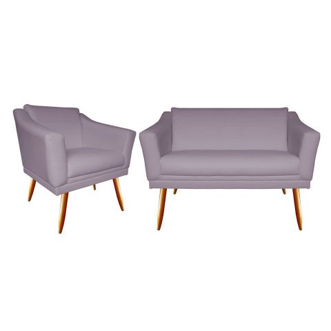 Kit Namoradeira + 1 Poltrona Decorativa Agatha Suede Rosê Pés Madeira Mz Decor