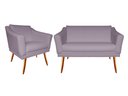 Ver imagem 1 de Kit Namoradeira + 1 Poltrona Decorativa Agatha Suede Rosê Pés Madeira Mz Decor