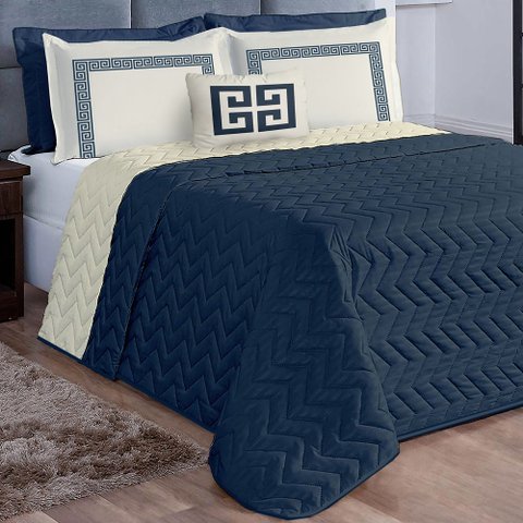 Kit Cobre Leito Mistral Queen Microfibra Dupla Face 7 Peças - Azul Marinho