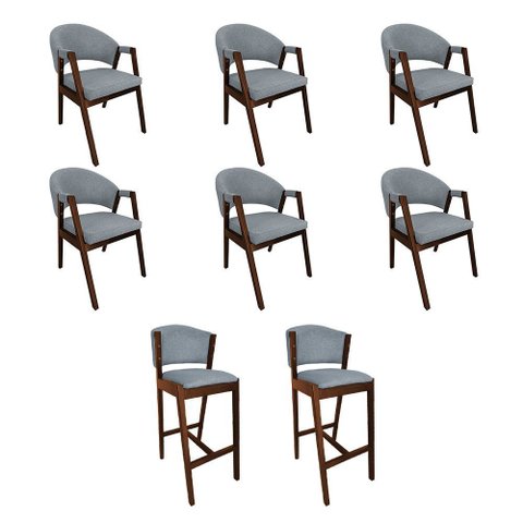 Kit 6 Cadeiras de Jantar Helen com 2 Banquetas Ana Madeira Maciça Mel Premium Linho Cinza