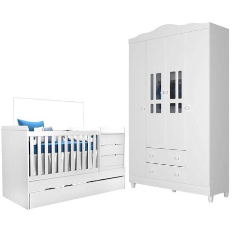 Berço Americano Multifuncional Cleo com Guarda Roupa 4 Portas Ariel Branco - Carolina