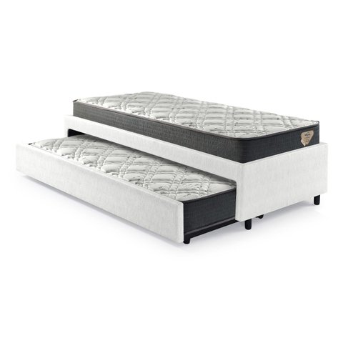 Bicama Box Solteiro Courino Linho Branco 88x188 com Dois Colchões Adapto Molas Ensacadas Ecoflex