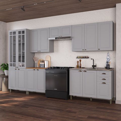 Cozinha Modulada 6 Peças 1 Cristaleira com Vidro 2 Balcão sem Tampo 3 Aéreos 100% MDF Bari Cinza/Titânio Fosco