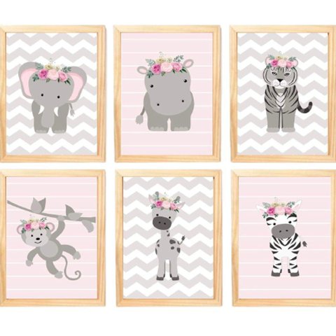 Quadro Infantil Menina 6 Un A4 Vidro e Pendurador