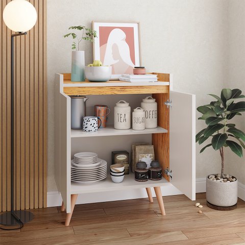 Aparador Buffet Retrô 2 Portas Moderno Decoração Sala Pequena Barthô - Off White/Nature - Lojas RPM