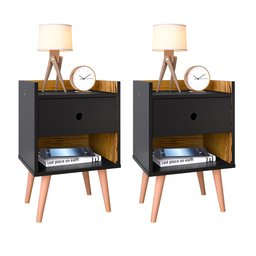 Kit com 2 Mesas de Cabeceira Retrô Decore 1 Gaveta - Preto com Nature - RPM Móveis - 1