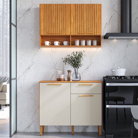 Cozinha Modulada Compacta 100% MDF 2 Peças 4 Portas 1 Gaveta Viena Espresso Móveis Bege/Canela/Off White