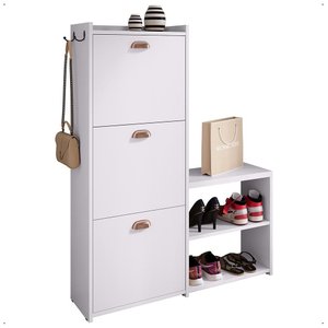 Sapateira Vertical 3 Gavetas Banco Prateleira Sapatos Gancho Bolsa Hall Entrada Quarto Branco