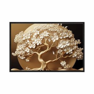 Quadro Decorativo - Arvore da Vida Dourada Flores Brancas Art054 - Vidro com Impressão Uv - 60x40cm
