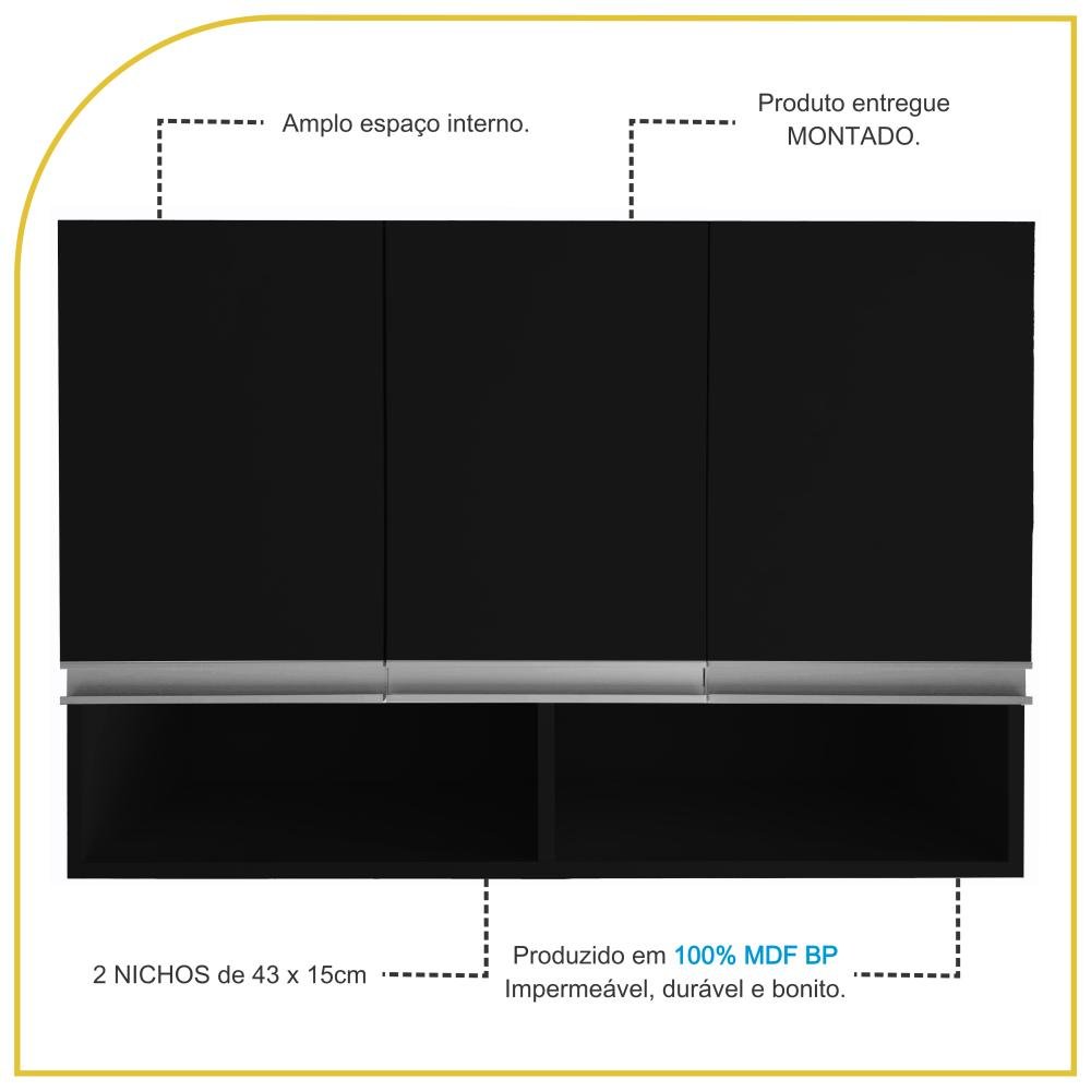 Armário Aéreo Multiuso 3 Portas com Nicho P/cozinha 100% Mdf Cor:preto - 3