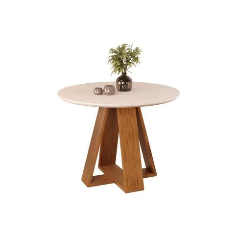 Mesa para Cozinha Celeste com Tampo Madeirado Vidro Redondo 103x103cm Freijó Off White Dj Móveis