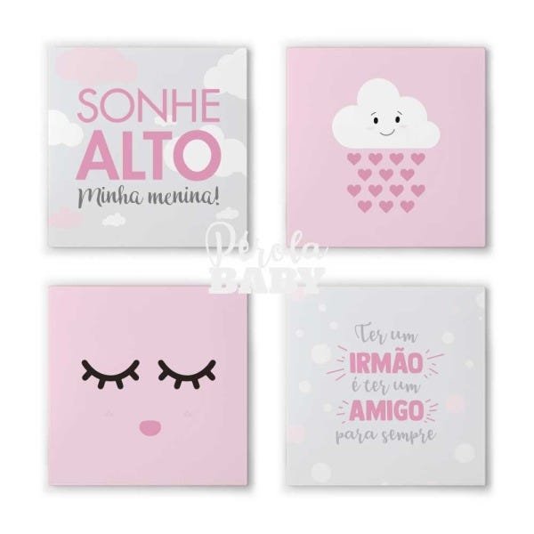 Kit 4 Quadros Sonhe Alto Menina Nuvem Cílios Irmão - 1