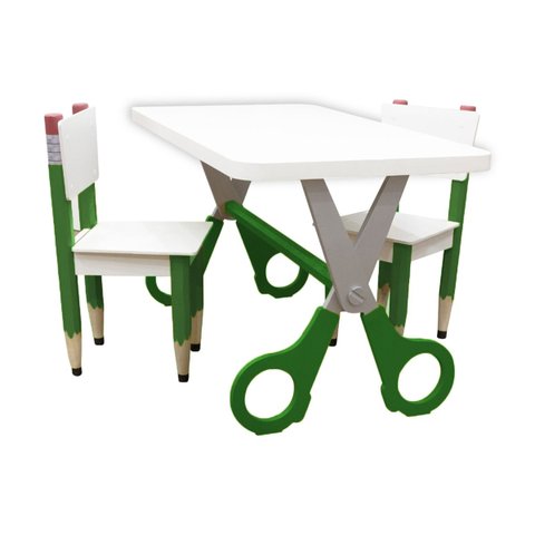Kit 2 Cadeiras Mesa Infantil Tesoura Verde Tampo Branco Retangular Base Temática para Estudos e Dese