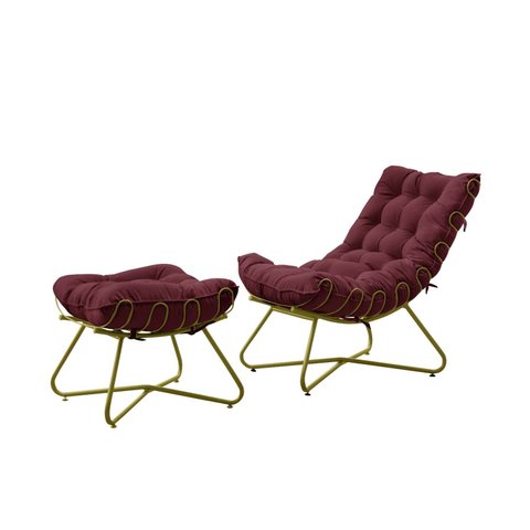 Poltrona Costela Luxo com Puff Eva Metal Dourado Veludo Bordo