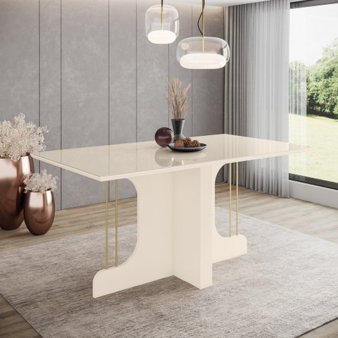 Mesa de Jantar 8 Lugares 1,5m Tampo Mdf e Vidro Canto Arredondado Mavi Henn