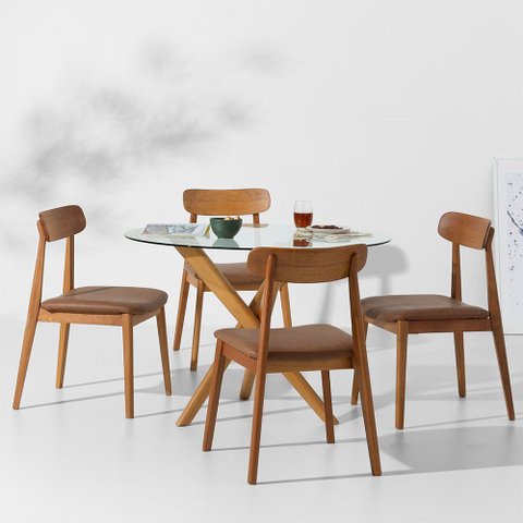 Conjunto Mesa de Jantar Thai Redonda Vidro Incolor - 1,10m + 4 Cadeiras Nord Encosto Madeira PU - Co